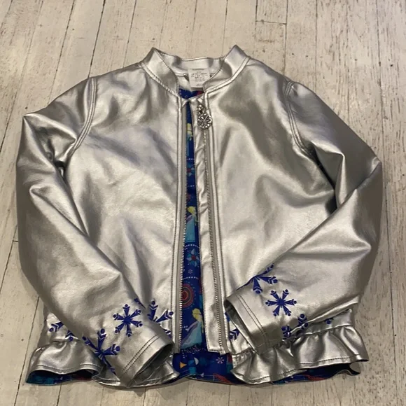 Disney Frozen faux leather silver metallic Jacket rhinestone embe…